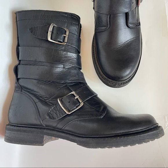 Frye Shoes - FRYE Black Leather Moto Boots Veronica Tanker Motorcycle Buckle 6